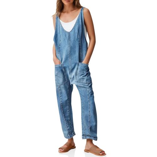 medium WE THE FREE Women's Denim Overall Jumpsuits Sleeveless V Neck Adjustable Straps Jeans Long Pants Rompers.