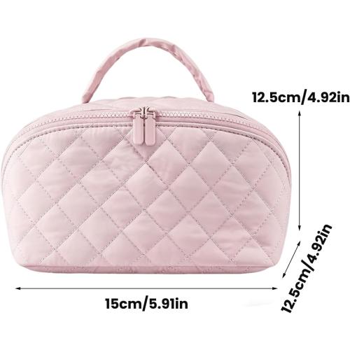 Travel Makeup Bag for Woman, Puffy Padded Quilted Makeup Bag, Lay Flat Makeup Bag, Large Capacity Pouch Open Flat Small Toiletry Bag with Brush Compartment & Handle (Green)