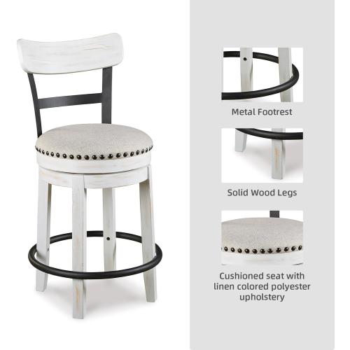 Signature Design by Ashley Valebeck | Modern Swivel 24.5 Counter Height Barstool – Rustic-Industrial Whitewash, Upholstered Cushion, 360° Swivel, Nailhead Trim