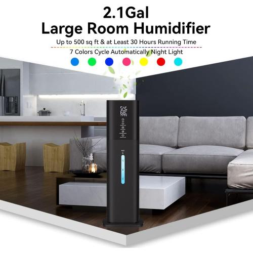 Humidifiers Large Room Bedroom with 7 Colors Light, 2.1Gal(8L) 3 Speed Quiet Ultrasonic Cool Mist Humidifier with 360° Nozzle, Humidity Setting, Timer,Aroma Box for Home Plant Baby Yoga Sleep (Black)