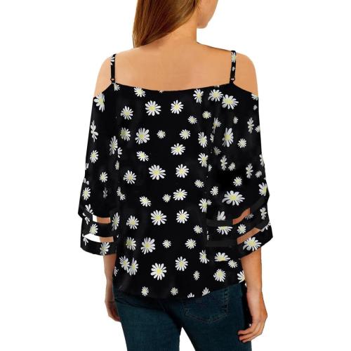 Size Medium Color Black Women Casual Floral Off Shoulder Suspenders Chiffon Shirt Loose Cute 3/4 Bell Sleeve V Neck Blouses Tee Tops
