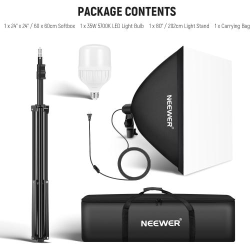 NEEWER 350W Equivalent Softbox Lighting Kit, 5700K LED Light Bulb, 24x24 inches Softbox with E26 Socket, Photography Continuous Lighting Kit, Photo Studio Equipment, NK300