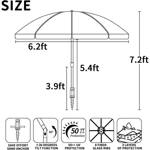 7ft Heavy Duty High Wind Beach Umbrella Parasols with sand anchor & Tilt Sun Shelter, UV 50  Protection Outdoor Sunshade Umbrellas Carry Bag for Patio Garden Pool Backyard Stripe Blue insert completely into the sand