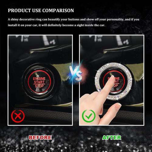 Car Bling Crystal Rhinestone Engine Start Decoration Ring, Sparkling Push Start Button Sticker, Key Ignition & Knob Ring Decoration, Bling Car Interior Accessories for Women (AB)