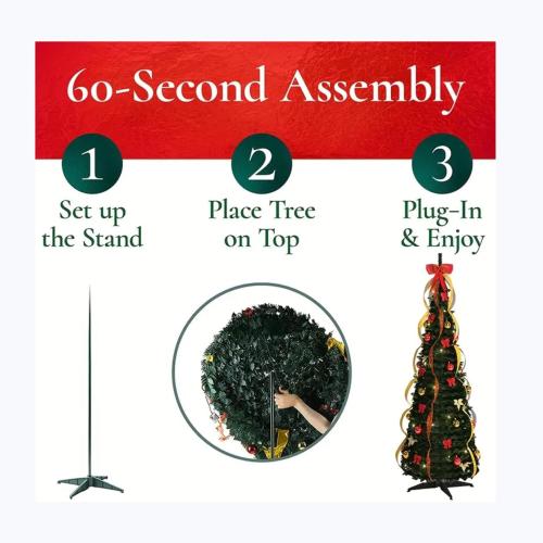 6 ft pre-lit Decorated Christmas Tree, 200 LED Warm Lights, Prelit pop-up Christmas Tree, Fully Decorated 66 Ornaments, Collapsible Pull Up Christmas Tree with Lights for Indoor Home Party Decor