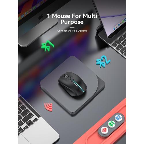 Black Bluetooth Wireless Mouse - (BT1/BT2 USB) Tri-Mode High Performance, Rechargeable, Quiet Click, Multi-Device Compatibility for Laptop, Computer, MacBook, Tablet, PC (Black)