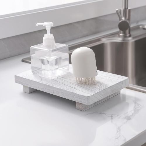 zoocatia Small Wood Tray Pedestal Stand Farmhouse Bathroom Decor Decorative Wooden Riser Kitchen Soap Dish Holder for Vanity, Counter, Sink, 9 x 5.9 - White