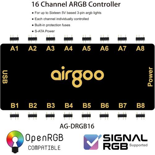 Airgoo Magnetic 16-Port Signal RGB Controller, SATA Powered ARGB Controller PC Lighting Hub for Mid & Full-Tower Cases, Compatible with SignalRGB & OpenRGB, AG-DRGB16