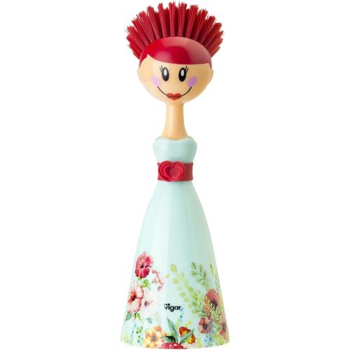 Vigar Dolls Dish Brush with Ergonomic Handle and Dres-shaped Storage Holder - Scrub Brush for Pans, Pots, Kitchen Sink Cleaning, Blue/Pink