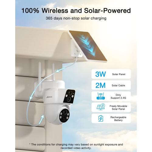 ANRAN 2 Pack Dual-Lens Solar Security Camera Wireless Outdoor - 3MP Fixed Wide-Angle   PTZ 360° View, Home Security Camera with Color Night Vision, 2-Way Talk, PIR Motion Detection, 100% Wire-Free