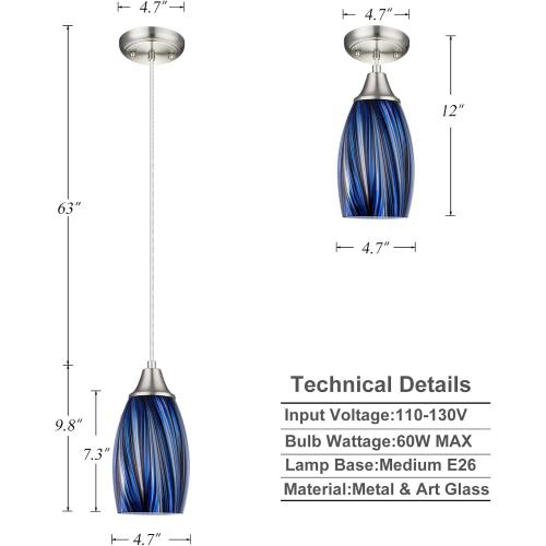 Dark Blue Glass Mini Pendant Lights for Kitchen Island 3Pack Blown Art Glass Pendant Lighting Shade Hanging Pendant Lights with Brushed Nickel Finish for Kitchen Over Sink,Dining Room