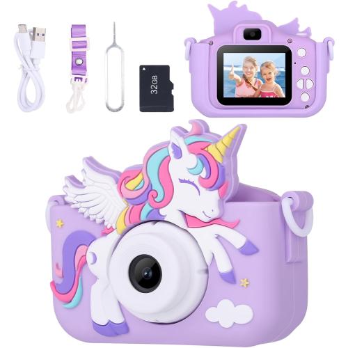 Unicorn Toys Camera for Kids Girls Age 3-8, Toddler Kids Digital Camera Christmas Birthday Gifts for 3 4 5 6 7 8 Years Old Girl, Cute Selfie Video Camera, HD 1080P, 32GB SD Card, Purple