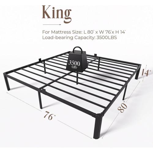 King Metal Bed Frame 14 Inch, Heavy Duty Platform, No Box Spring Needed | Headboard compatible, round corners, under-bed storage, mattress retainers, squeak-resistant, easy assembly