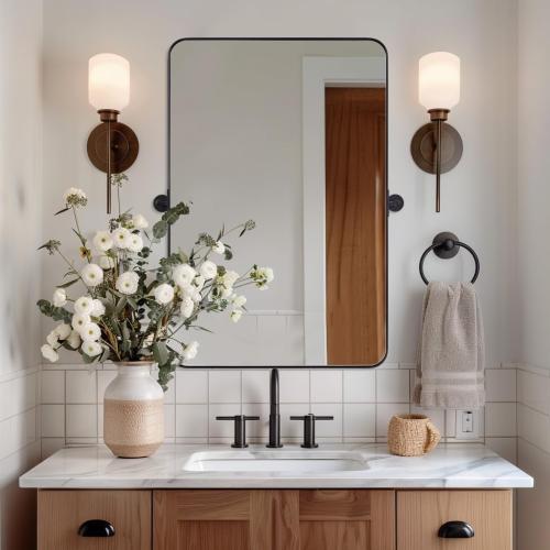MOON MIRROR 24x36 Matte Black Pivot Mirror for Bathroom, Metal Frame Bathroom Mirrors for Wall,Rectangle Titling Vanity Wall Mirror with Rounded Corner Hangs Vertical(Overall 27.75 x 36)
