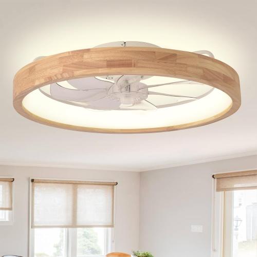 Low Profile Flush Mount Wood Fandelier Ceiling Fan with Light | Remote/APP, timer, memory, reversible, dimmable, 6 speeds; for bedroom, living room.