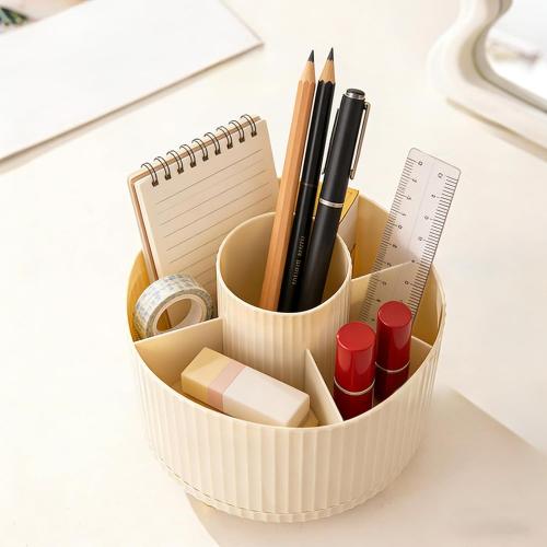 Desk Organizer, Plastic Pen Holder with 5, Dual-Purpose Pencil Cup for Office, School, Home, Cream
