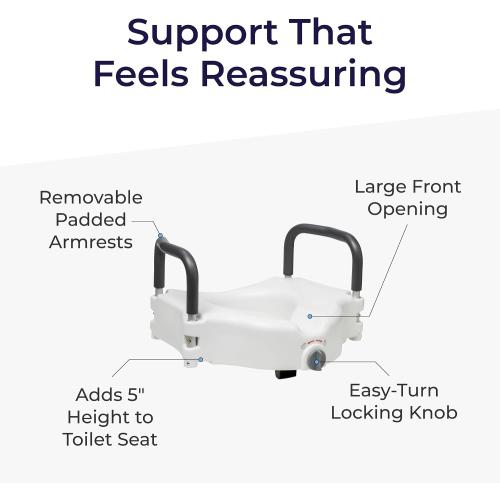 Drive Medical 2-in-1 Raised Toilet Seat with Removable Padded Arms | Raised Toilet Seat Offers Removable Padded Arms and Secure Locking Attachment for Standard Toilets and Safety