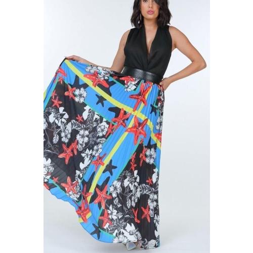 SIZE.L.     Print Maxi Skirt with Leather Waist Band, Fashion Womens Maxi Skirt Casual Maxi Skirt Womens Work Maxi Skirt