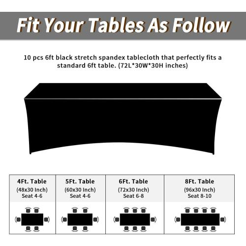 Fixwal 6FT Black Table Cloth Rectangle Tables, 10 Pack Spandex Table Cloths for 6 Foot Rectangle Tables, Fitted Rectangular Stretch, Washable Patio Table Cover (72Lx30Wx30H Inch)