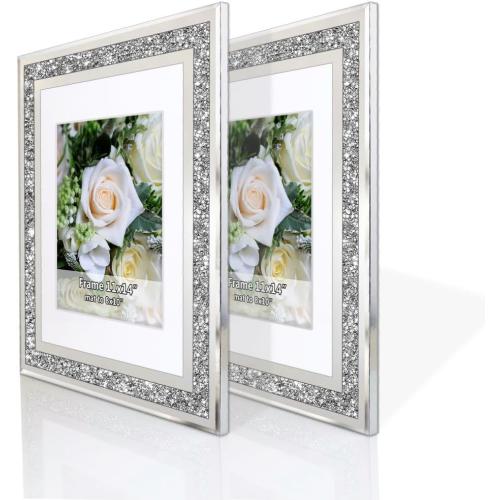 Crushed Diamond Wedding Mirror Photo Frame, Crystal Silver Glass Picture Frame For Photograph Size 11x14 inch With Mat for 8x10 inch, Pack of 2 Pieces Wall Frame. Bling Sparkle Diamond Home Decor.