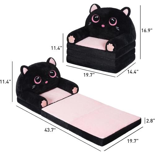 Size Small Color Pink and Black Kids Couch Fold Out, Velvet 2-in-1 Flip Open Couch for Toddlers, Comfy Toddler Chair for Reading and Napping, for Boys and Girls (Black & Pink Kitty)