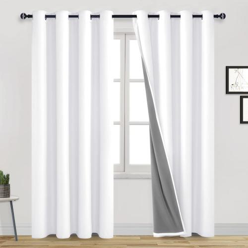 White 100% Blackout Curtains for Living Room Thermal Insulated Light & Heat Blocking Full Room Darkening Noise Reducing Grommet 2 Panels Curtain (White,180”W x 84 L)