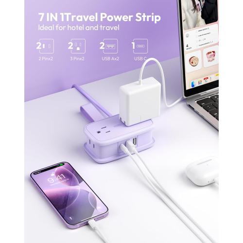 NTONPOWER Purple Travel Power Strip,Travel Essentials 4 Outlets 3 USB(1 C) with 4FT Wrapped Extension Cord Flat Plug, Cruise Essentials 2026 for Hotel Travel Cruise Essentials
