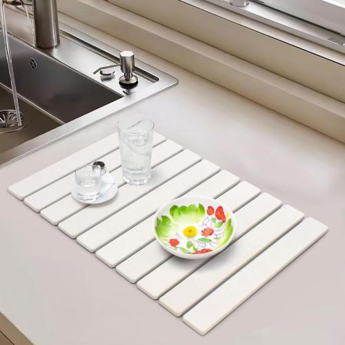Stone Dish Drying Mat for Kitchen Counter – 24 x 16 Foldable Diatomaceous Earth Mat, Quick Dry & Ultra Absorbent, Non-Slip Drying Pad for Dishes, Bottles, Cups – White Minimalist Design