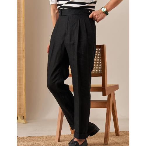 Men's Medium Linen Pants Casual High Waist Adjustable Pants Summer Beach Lightweight Pants Italian Style