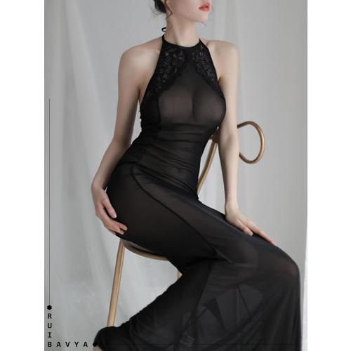 size M- Sexy Night Gowns for Women Lace Hanging Neck Lingerie Sheer Dress Long Nightgown Mesh Sleeveless Nightgowns Black