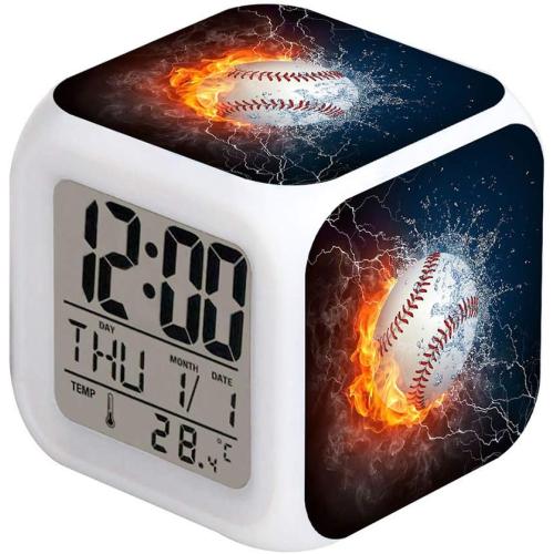 Led Alarm Clock Baseball Burning Sport Design Creative Desk Table Clock Glowing Electronic Colorful Digital Alarm Clock for Unisex Adults Kids Toy Birthday Present