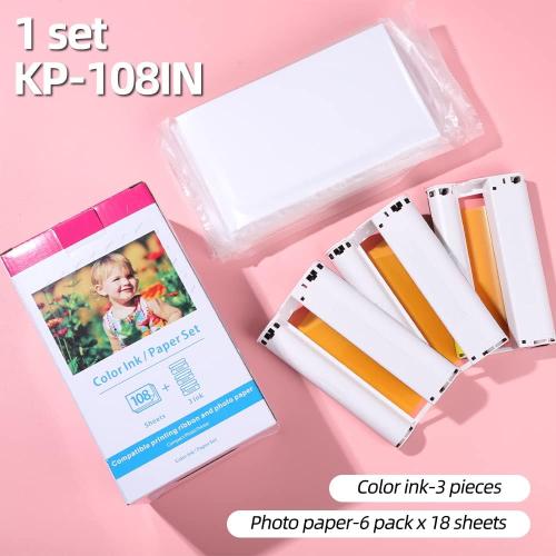 Replace for KP-108IN Canon Selphy Photo Paper & Ink for CP1200 1300 Printer | 3 Color Ink Toners & 108 (4x6) Photo Paper Set, work with CP1500 CP910 CP900 Photo Printer, 100 x 148mm Postcard Size