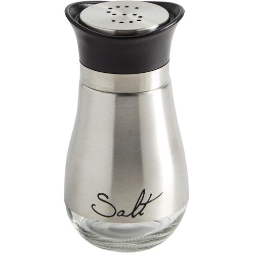 Juvale Stainless Steel Salt and Pepper Shakers Set with Holder, Refillable, Clear Glass Bottoms, Screw-Off Perforated S and P Caps for Kitchen Table Decor (4oz)