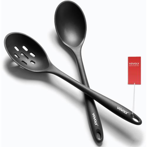 Silicone Spoons for Cooking - Extra Large Kitchen Spoons for Mixing, Serving, & Stirring - 600°F Heat-Resistant Non Stick Utensils Ladle & Skimmer- Dishwasher Safe, Black