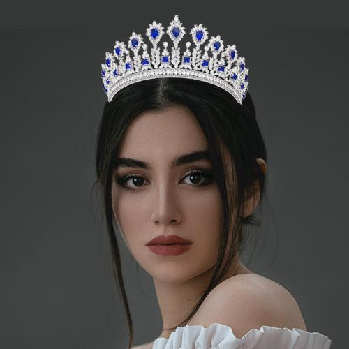 Luxury CZ Royal Blue Crowns and Tiaras for Bride Handmade Cubic Zirconia Large Bridal Headpiece Princess Prom Queen Crown Wedding Hair Accessories Zircon Crystal Tiara Headband