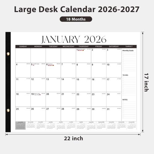 2026 Desk Calendar, Large Desk Calendar 22 x 17 (Jan 2026 - Jun 2027) Monthly Desktop Wall Planner for Family Teacher School Office Supplies, Black-White