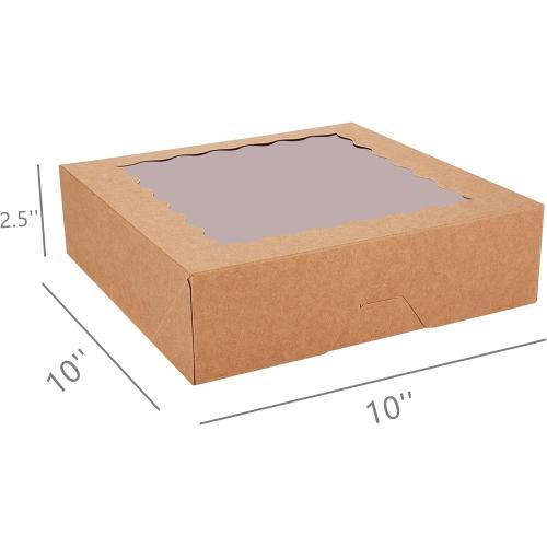 Tcoivs 30-Pack Pie Boxes 10 x 10 x 2.5, Bakery Boxes with Window, Auto-Popup Cookie Boxes for Muffins, Donuts and Pastries (Brown)