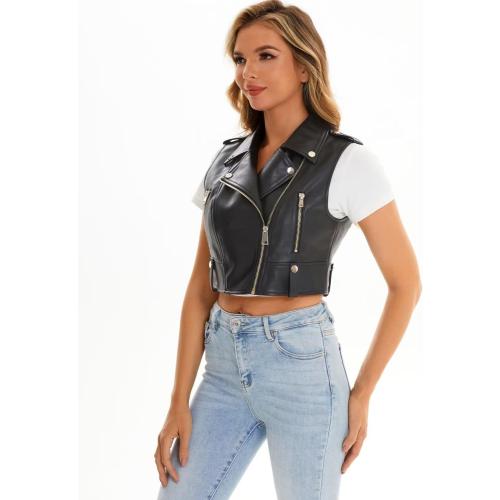 Faux Leather Vest For Women Small Zipper Cropped Sleeveless Biker Moto Slim PU Motorcycle Waistcoat