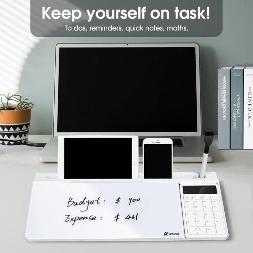 Varhomax Glass Desk Whiteboard with Calculator, Desktop Dry Erase White Board with Storage, to Do List Memo Notepad for Home and Office