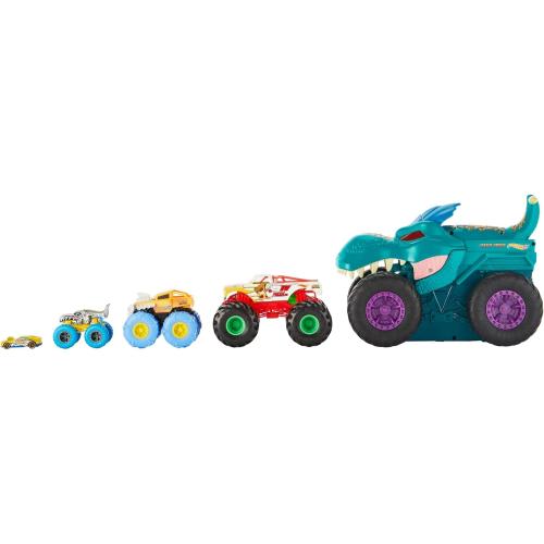Hot Wheels Monster Trucks Car Chompin' Mega-Wrex, Large Toy Monster Truck & Toy Car, Eats & Poops 1:64 Scale Vehicles, Lights & Sounds