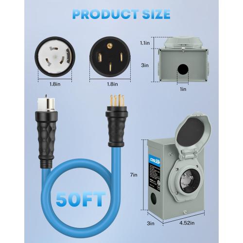 COOLTOP 50 Amp Generator Cord and Power Inlet Box Kit, 50FT Extension Cable STW 6/3 8/1 AWG Generator Cord 125/250V NEMA 14-50P to SS2-50R Pre-Drilled Inlet Box Waterproof Combo Kit, ETL Listed