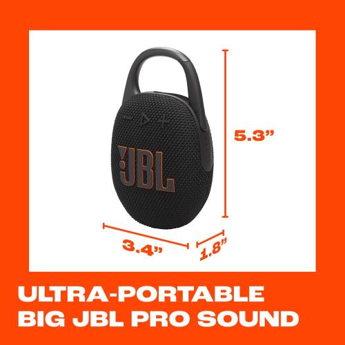 JBL Clip 5 - Ultra-Portable, Waterproof & Dustproof Bluetooth Speaker, Big JBL Pro Sound with Punchy bass, Integrated Carabiner, Up to 12 Hours of Play, Made in Part with Recycled Materials (Black)