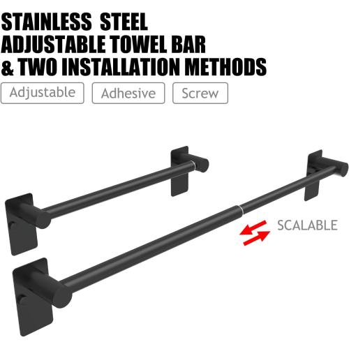 Towel Bar, 14inch to 25inch Adjustable Towel Holder Rod, Self Adhesive Wall Mounted Hand or Body Towel Rack for Bathroom Kitchen, 304 Stainless Steel Organizer Single Bar Matte Black