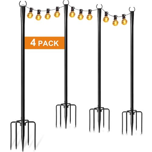 4 Pack String Light Poles for Outside, Thickened Metal Lights Hanger Pole Outdoor with Fork, Lighting Hanging Post Accessories for Patio Decor Garden Backyard Yard Front Porch Outside Decorations