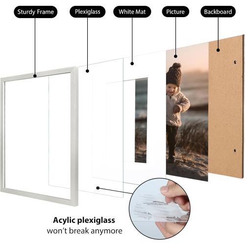 KINLINK 8x10 Picture Frame Silver Set of 4, Wooden Photo Frames Matted 5x7 with Plexiglass for 5x7 with Mat or 8x10 without Mat for Table and Wall Display