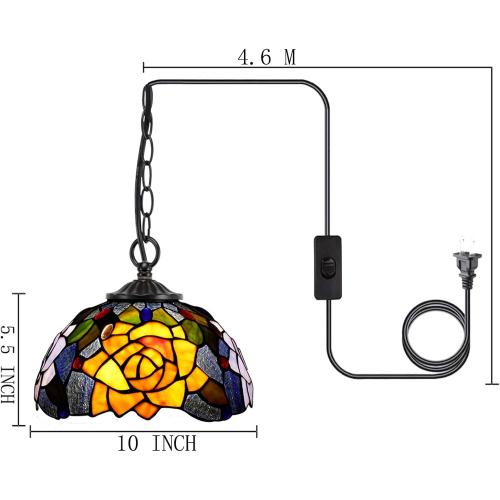 Tiffany Pendant Light Plug in Stained Glass Hanging Lamp 10 Inch Wide Living Room Bedroom Kitchen Dining Room Office