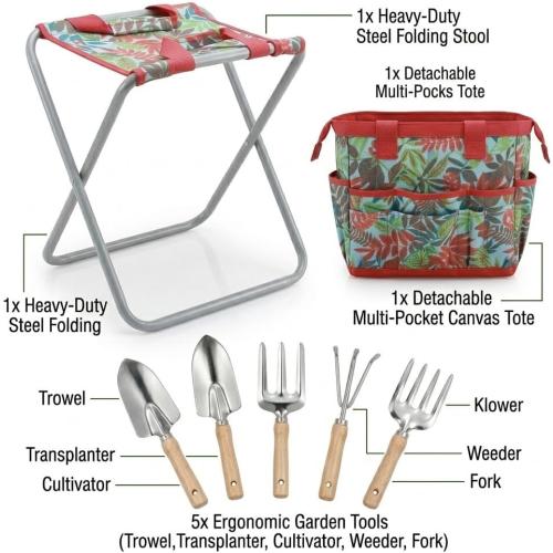 7-piece Garden Tool Set with Tote and Folding Stool Seat