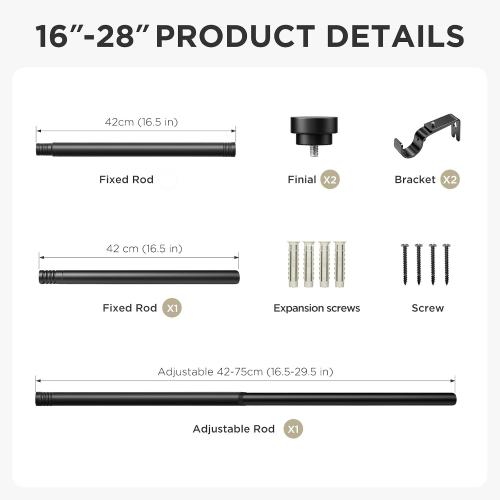 32-120 Black Joydeco Black Curtain Rods for Windows - Adjustable Curtain Rods for Windows 16 to 120 inches, 1 inch Diameter Heavy Duty Decorative Window Single Rod Set with Aluminium Finials