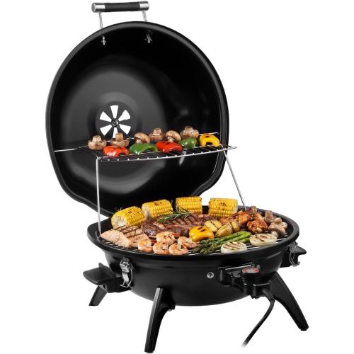 Electric Grill, Techwood Indoor/Outdoor Electric Barbecue Grill, 1600W Portable Removable Tabletop Grill with Adjustable Heat, Double Layer Design for Party, Patio & Backyard (Black)