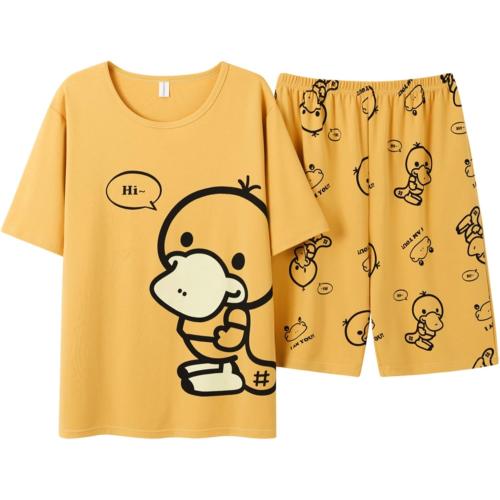 Size XL-Cute Pajama Set Short Sleeves Short Pants Cotton Kawaii Women Summer Cartoon With Pocket Sleepwear Pjs Nightshirt